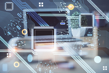 double exposure of desktop computer and technology theme hologram. concept of software development.