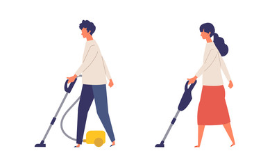 Wall Mural - Vector illustration of people vacuuming the room. People doing housework.