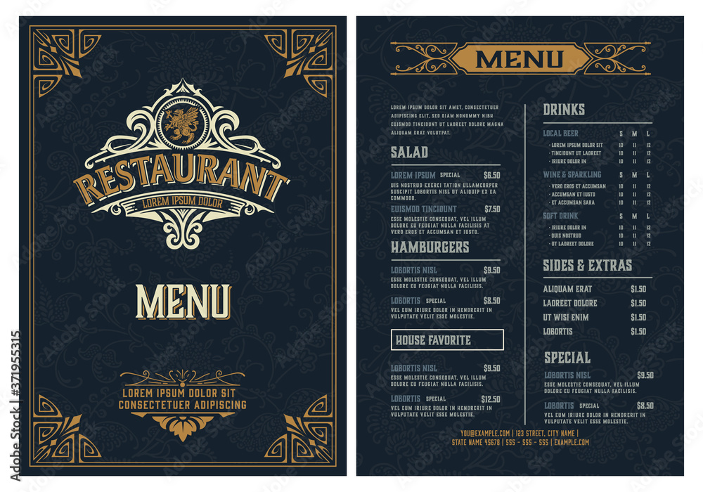 Restaurant menu template. Vintage style. Vector layered - obrazy, fototapety, plakaty 