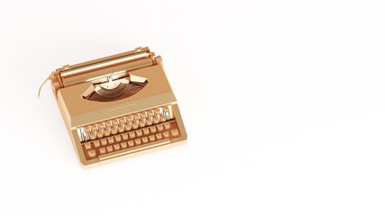 Gold typewriter machine isolated on white background. 3d rendering, toys and decorative objects. Minimal composition for social media and workplace concept.