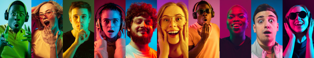 Collage of portraits of 7 young emotional people on multicolored background in neon light. Concept of human emotions, facial expression, sales. Smiling, listen to music, happy. Pointing, cheering.