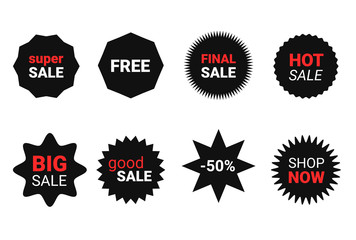 Starburst sticker set for promo sale. Vector badge shape with signs - star and roundburst label, price offer promotion