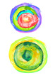 Watercolor rainbow circles, balls, bubbles. Abstract tropical fruit, vegetable. Trendy art logo, element for design, label, background. Watercolor blot on white isolated background. Blur 