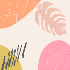 Poster - Abstract tropical background vector with palm leaf and shapes, lines and doodles in pastel colors