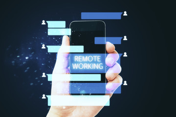 Poster - Hand holding smart phone with abstract remote work text on screen.