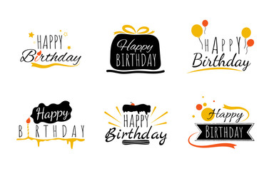 Happy birthday typography text set with ribbon, star, cake, candle and balloon decoration vector on white background illustration