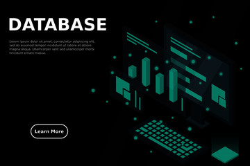 Poster - Data analysis in isometric vector design. Technician in datacenter or data center room background. Network mainframe infrastructure website layout. Computer storage or farming workstation.