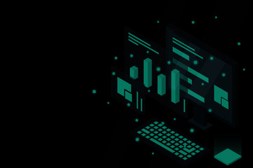 Poster - Data analysis in isometric vector design. Technician in datacenter or data center room background. Network mainframe infrastructure website layout. Computer storage or farming workstation.