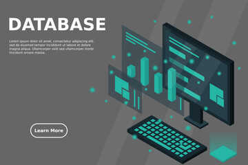 Poster - Data analysis in isometric vector design. Technician in datacenter or data center room background. Network mainframe infrastructure website layout. Computer storage or farming workstation.