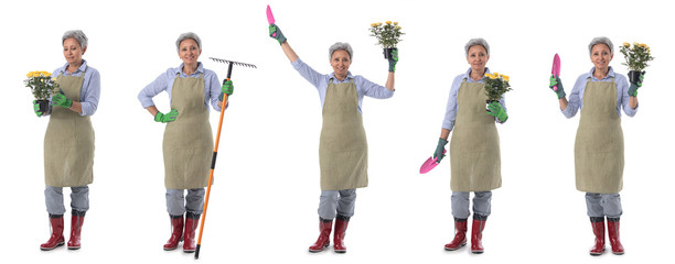 Gardener woman worker isolated on white