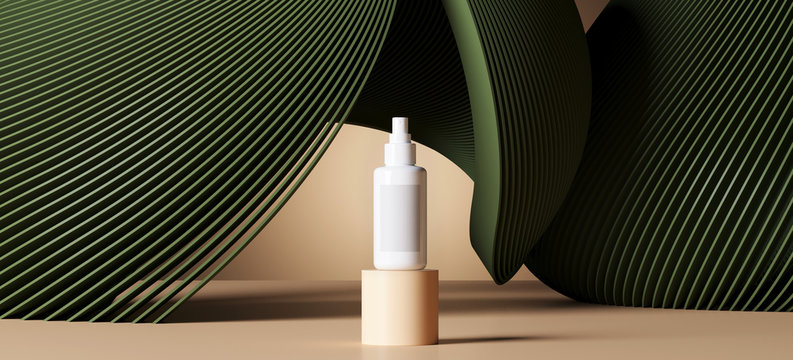 Minimal background for branding and product presentation. Cosmetic bottle on green subtle circular geometric pattern. 3d rendering illustration. Clipping path of each element included.