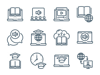 Wall Mural - Online Education related vector line icons. E-learning and Remote Learning outline icon set.