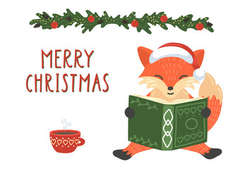 Wall Mural - Merry Christmas. Fox in christmas hat reading book with handwriting text. Cute children greeting xmas illustration for libraries, schools and other educational projects.