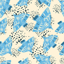 Random Seamless Bright Pattern With Bird Silhouettes. Blue Birds On Light Background With Splashes. Nature Backdrop.