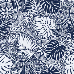 Wall Mural - polynesian style with leaves and tribal tattoo background abstract vector seamless pattern