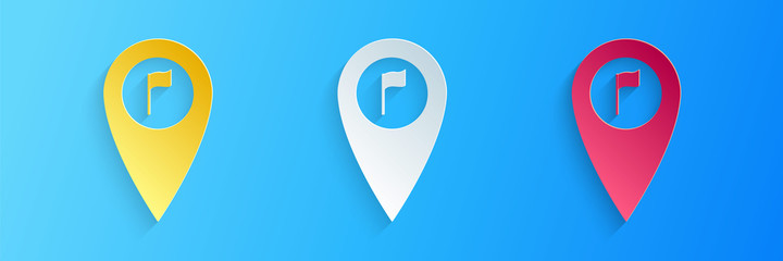 Poster - Paper cut Map pointer with golf flag icon isolated on blue background. Location marker symbol. Paper art style. Vector.