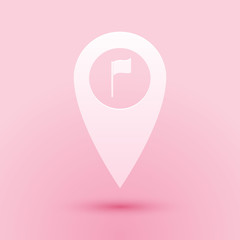 Poster - Paper cut Map pointer with golf flag icon isolated on pink background. Location marker symbol. Paper art style. Vector.