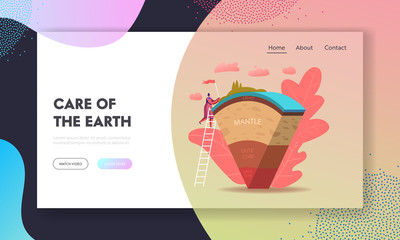 Scientist or Student Girl Learn Geophysics Science Landing Page Template. Female Study Earth Structure Divided In Layers