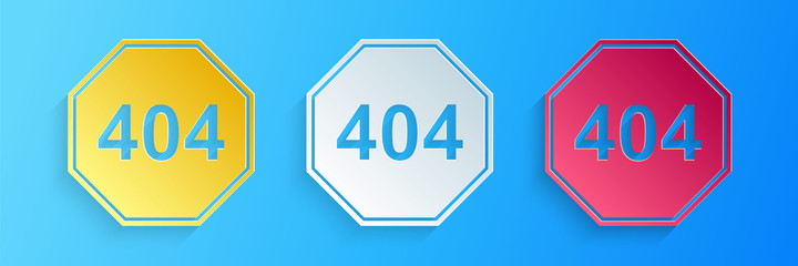 Poster - Paper cut Page with a 404 error icon isolated on blue background. Template reports that the page is not found. Paper art style. Vector.