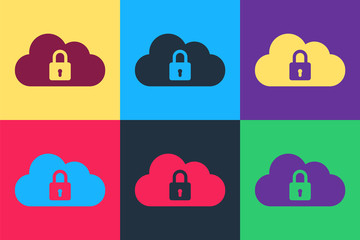 Poster - Pop art Cloud computing lock icon isolated on color background. Security, safety, protection concept. Vector.