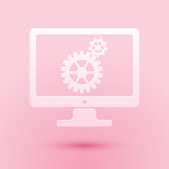 Poster - Paper cut Computer monitor and gears icon isolated on pink background. Adjusting app, service, setting options, maintenance, repair, fixing concepts. Paper art style. Vector.
