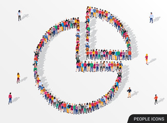 People crowd in form of pie chart composed of people. Statistic concept.