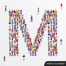 Large Group Of People In Letter M Form. Human Alphabet.
