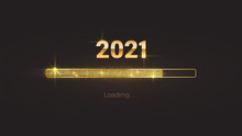Progress Bar With Golden Particles On Black Download New Year's Eve. Loading Animation Screen With Glitter Confetti Shows Almost Reaching 2021. Creative Festive Banner With Shiny Progress Bar