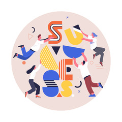 Fototapete - Teamwork concept. Contemporary flat style vector illustration of people with abstract letters making word 