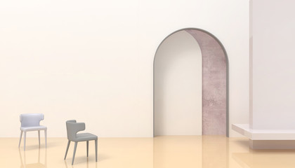 Poster - Creative Modern Room Minimal Door and chairs Display on White wall background - 3d rendering