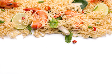 Wall Mural - Noodles with seasoning Lemon shrimp lemongrass shallot coriander spring onion chili spicy noodles concept isolated on white background.