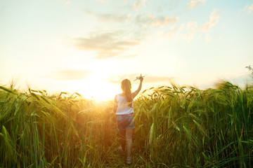 Wall Mural - Little girl holding airplane toy in the green wheat field