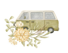 Watercolor Mini Van And Flower Composition. Green Auto For Travel And Floral Bouquet. Vintage Car 