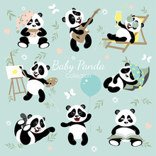 Baby Panda Collection. Little Pandas Have Fun, Draw, Read, Play.The Illustrations Are Decorated With Bamboo, Flowers, Hearts, Butterflies.