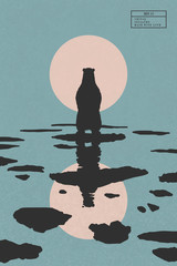 Sticker - lonely polar bear on ice floe. arctic landscape with animal isolated silhouette and melting ice on w