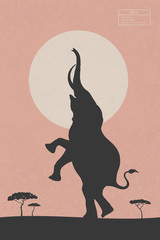 Sticker - standing elephant in savannah. desert landscape with trees and big animal isolated silhouette. white