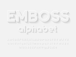 Modern embossed alphabet design with uppercase, lowercase, numbers and symbols