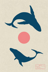Poster - whales family flying in sky. yin yang animal mother and baby isolated silhouettes. red sun on yellow
