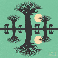 Sticker - Elephant family walking between baobab trees. Landscape with big animals isolated silhouettes in savannah. Yellow sun on green texture background. Vector illustration for use in polygraphy, design