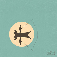 Sticker - Fisherman in boat with dog. Man isolated silhouette catch fish with fishing rod on mirror lake. Yellow sun on blue texture background. Vector illustration for use in polygraphy, textile, design, decor