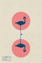 Poster - lonely flamingo standing in lake. elegant bird isolated silhouette reflected in water. red sun on ye
