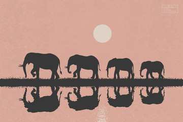 Sticker - Elephant family walking on river bank. Landscape with big animals isolated silhouettes in savannah. White sun on peachy texture background. Vector illustration for use in polygraphy, textile, decor