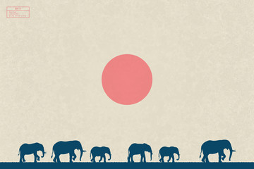 Sticker - Elephant family walking in desert. Landscape with animals isolated silhouettes. Red sun on yellow texture background. Vector illustration in sumie style for use in polygraphy, textile, design, decor