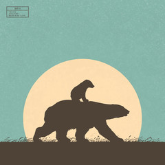 Sticker - polar bears family walking in grass. animal baby isolated silhouette on back of mother. yellow sun o