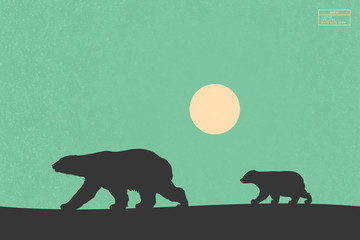 Sticker - polar bears family walking in snow. animal mother and baby isolated silhouettes. yellow sun on green