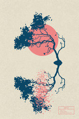 Poster - lonely tree reflected in water. minimal landscape with red sun on yellow texture background. vector 