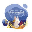 © MySunShine - Monthly calendar page with hand drawn text Hello November and cute character rabbit. Colorful fall card or background with white hear, yellow autumn leaves, grass and snow. Vector illustration.