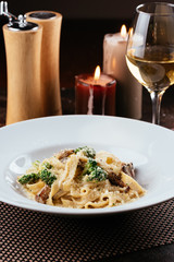 Wall Mural - pasta with mushrooms and Parmesan cheese