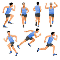 Set of isolated figures of running Asian men