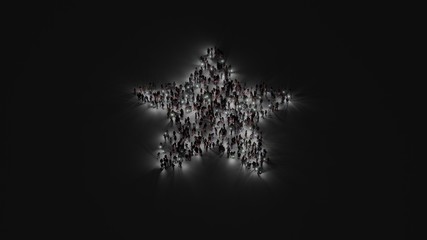 3d rendering of crowd of people with flashlight in shape of symbol of star on dark background